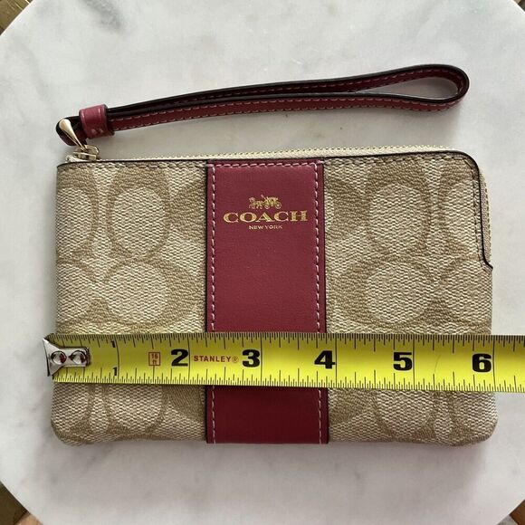 Coach Khaki/Dark Fuchsia Signature PVC Leather Corner Zip Wristlet Wallet - Picture 6 of 8